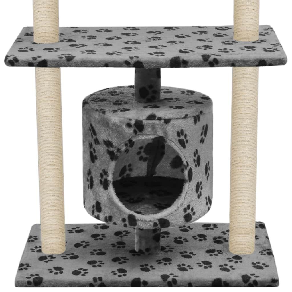Arbre à chat griffoir grattoir niche jouet animaux peluché en sisal 95 cm gris motif de pattes 3702235 - Helloshop26