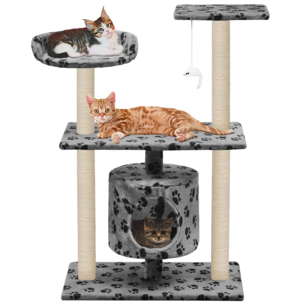 Arbre à chat griffoir grattoir niche jouet animaux peluché en sisal 95 cm gris motif de pattes 3702235 - Helloshop26